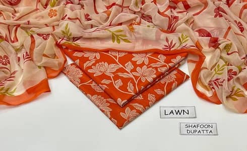 3 PC printed lawn suit with chiffon dupatta