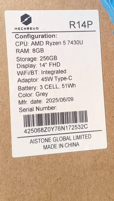 Mechrevo R14P Laptop – AMD Ryzen 5 7430U | 8GB RAM | 256GB SSD | 14