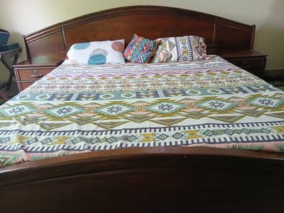 Master Size Wooden Bed with Built-in Side Tables