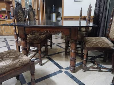 Luxury 6 Seater Solid Wood Dining Table Set with Glass Top