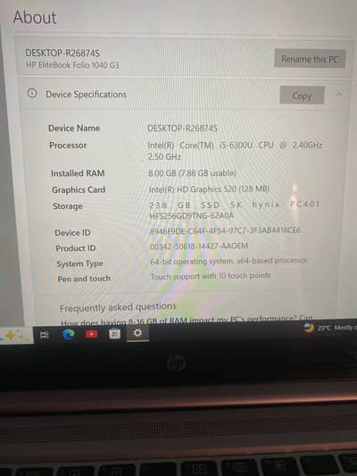 Storage 250.8 gb Ram. Touch screen. Battery time 4 hours