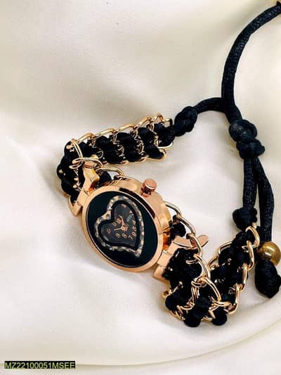 Girls Heart-Shaped Watch Black Gold Chain Bracelet