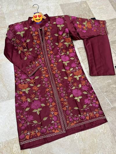 3 Pcs Women's Stitched Shamoz Silk Embroidered Gown Suit