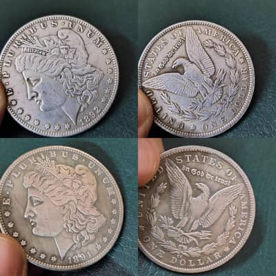 SET OF (2) USA MORGAN DOLLAR 1891 & 1892 ANTIQ COINS, RARE & OLD COINS