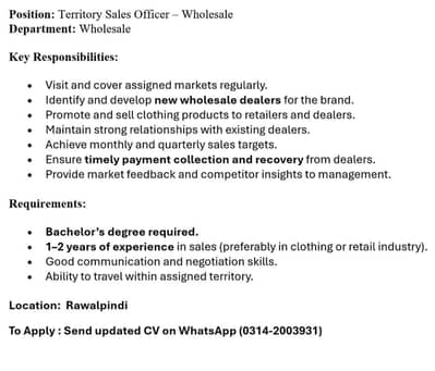 Territory Sales Officer- Wholesale Cloths