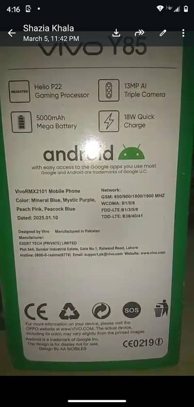 original vivo y85a with original box pta approved