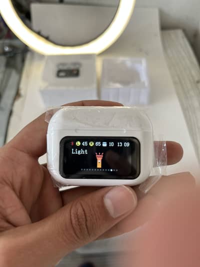 White a9 pro ANC bluetooth 5.4 wireless earbuds with smart screen.