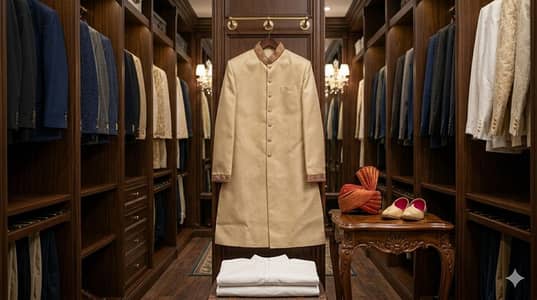 "Premium golden Sherwani  with Turban pagree and Khussa- complete set"