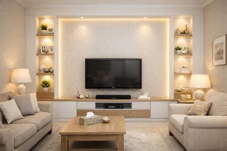 Media wall | Pvc panel | 3d wallpaper | Wooden floor | Wardrobe