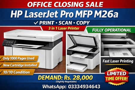HP Laser Jet Pro MFP M26a Printer - Print Scan Copy, Excellent C