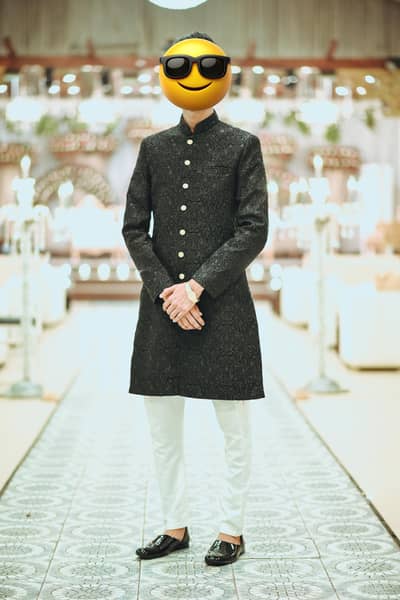 Wedding Black Jamawar Sherwani - Asian Groom