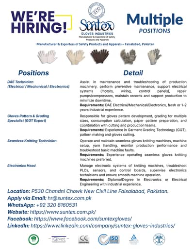 Gloves Induestries Multiple Jobs Available in Faisalabad
