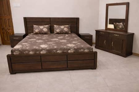 wooden bed set with dressing table
