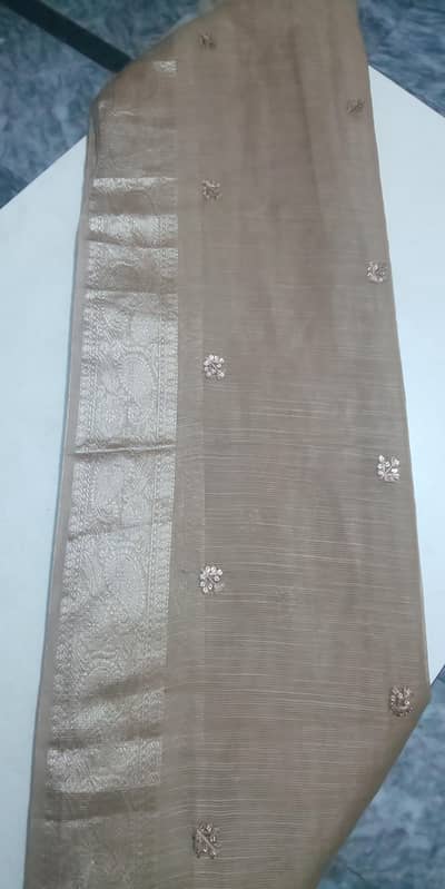 Beige Organza Suit | Sequins Embroidered | Party Wear