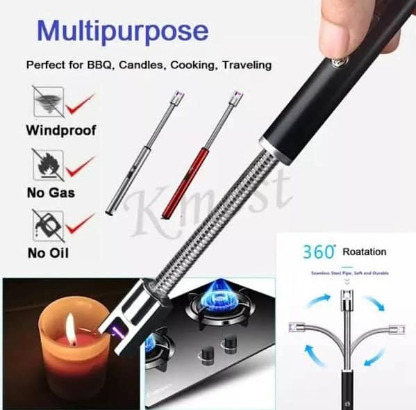 Rechargeable USB Lighter with Long Neck and LED Indicator for Kitchen, BBQ, Candles (Random Color)