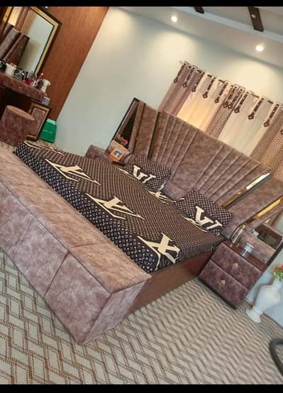 Brand New Double Bed with Side Table, Dressing Table & Jhula