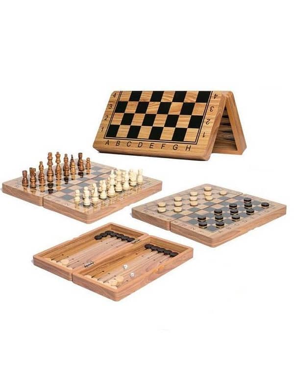 Wooden 3-in-1 Chess, Checker, and Backgammon Set in Brown