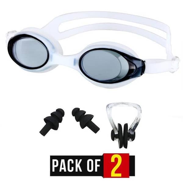Set of 2 Swimming Goggles with Silicone Anti-Fog, Nose Clip, Ear Plugs, and Protective Case
