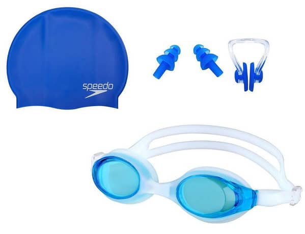 Set of 3 - Swimming Goggles with Nose Clip, Ear Plugs, and Cap, Includes Free Protective Case