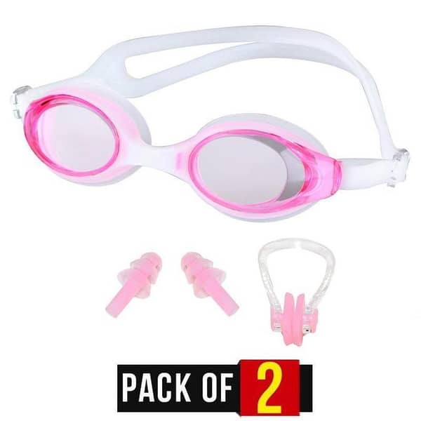 Swimming Goggles Set with Nose Clip, Ear Plugs, and Free Protective Case - Pack of 2
