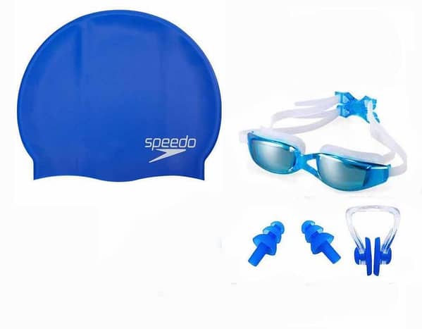 Swimming Goggles, Swim Cap, Ear Plugs & Nose Clip - Set of 3 with Anti-Fog and UV Protection