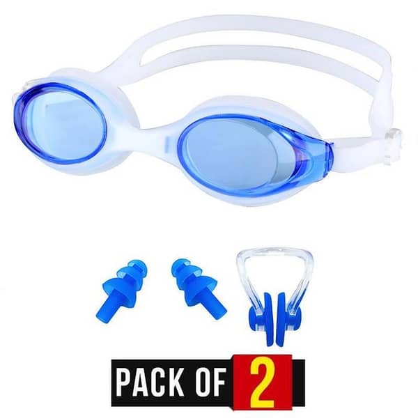 Set of 2 - Arteesol Swimming Goggles with Silicone Anti-Fog Nose Clip and Ear Plug, Includes Protective Case