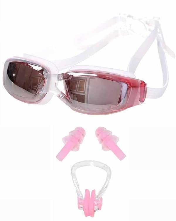 Pack of 2 Adult Swimming Glasses with Nose Clip and Ear Plug Set - Crystal Clear UV Coating