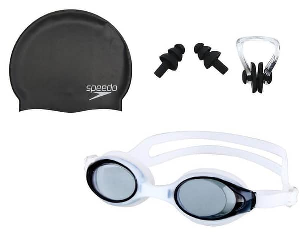 Swimming Goggles Set with Nose Clip, Ear Plugs, Swimming Cap, and Protective Case - Pack of 3
