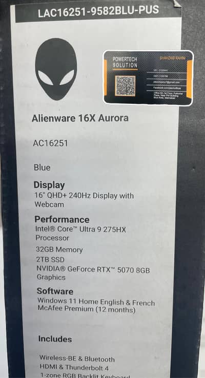 DELL ALIENWARE 16X AURORA AC16251 BLUE 16" DISPLAY QHD ULTRA 9