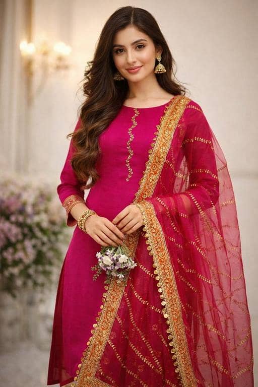 GDF 3 Pcs Party Wear Suit for Women | Kathan Silk Shirt with Organza Heavy Lace Embroidery Dupatta & Neckline – Festive Wedding Collection