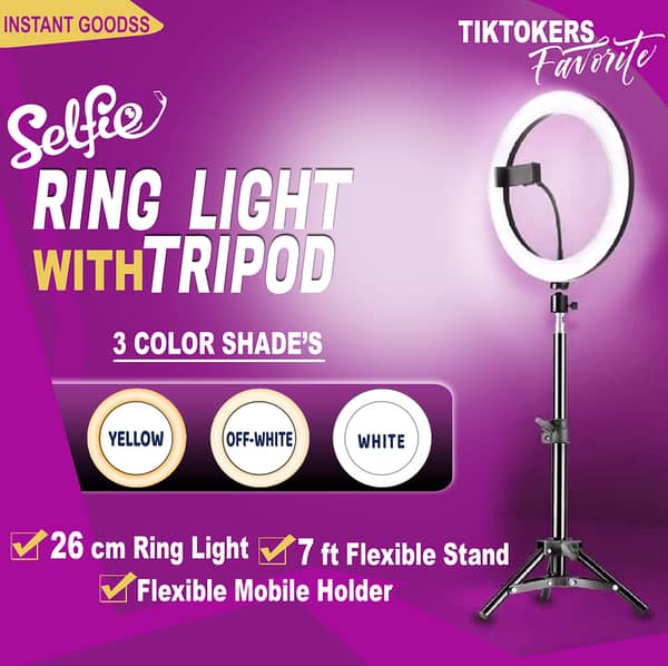 7 Feet Tripod with 26 cm LED Ring Light, Phone Holder, and 3-Color Ring Light - Aluminum Stand for TikTok/YouTube