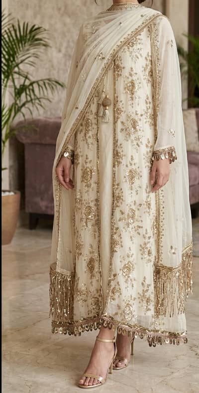 Party wear White Chiffon 4PC Dress with Golden Embroidery