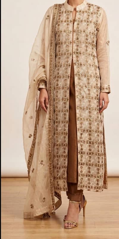 Party wear 4PC Organza Dress with Brown Embroidery