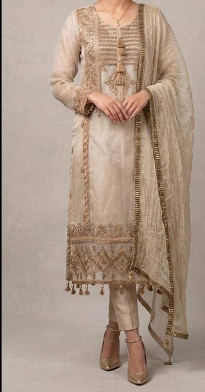 Party wear ready to wear organza dress  dull gold embroidery