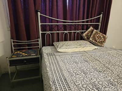 Custom Wrought Iron Single Bed with Side Table