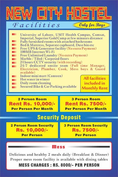 Boys Hostel 2 & 3 Seater Rent Rs 10,000 / Rs 7500