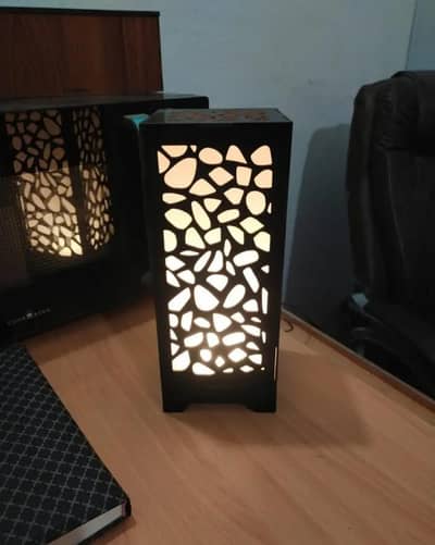 Medium Black Laser Cut Wooden Table Lamp with Golden Light