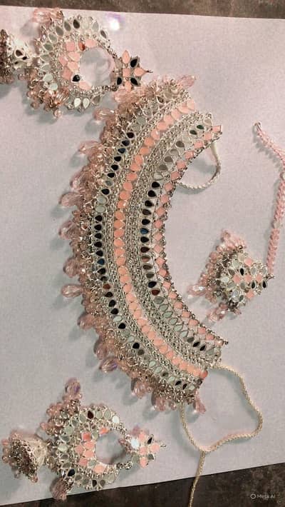 Stunning pink mirror work choker necklace and earrings and mathatika