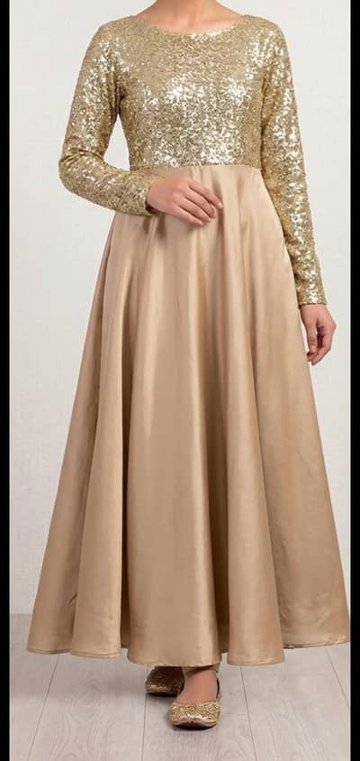 Stitched Party Wear Green Dress with Golden Embroidery & Flare bottom