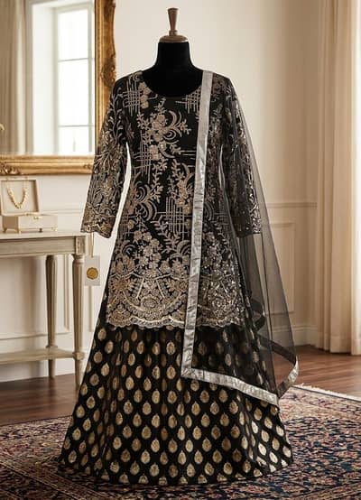 Black Heavy Embroidered Cutmoti kurti Garara Dress Wedding Party Wear