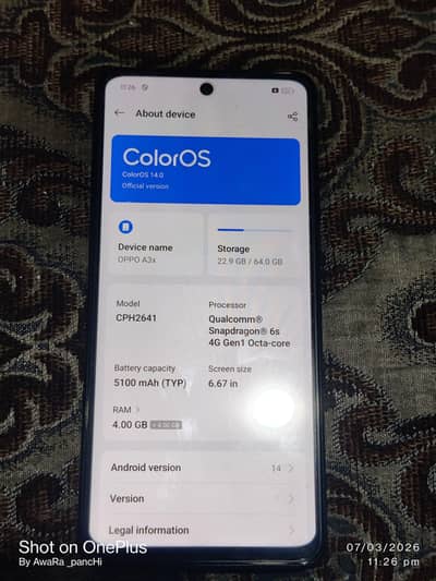 oppo a3x 4+4 /64 official approved 10/10