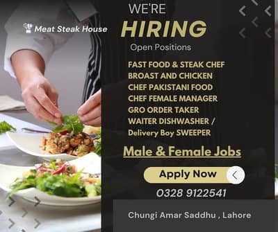 Restaurant Jobs || Male & Female Staff (Chef / Sweeper / Waiter)