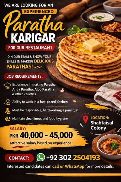 Paratha Karigar Required for Restaurant contact on WhatsApp