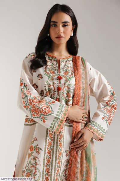 Elegant Cream & Peach Floral Printed Lawn Suit with Fancy Voil Dupatta