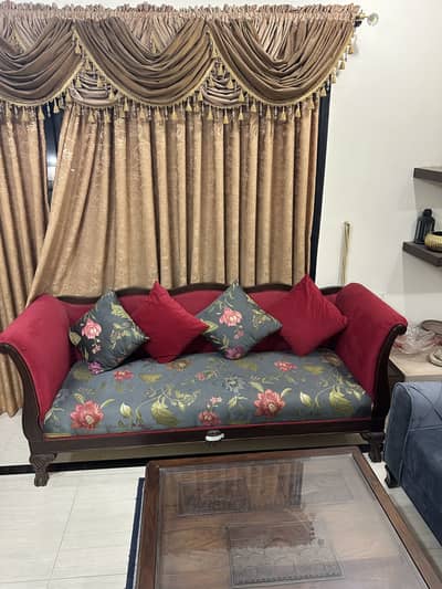 Pure Sheesham Sofa Set with Turkish Fabric and Tables with Carving