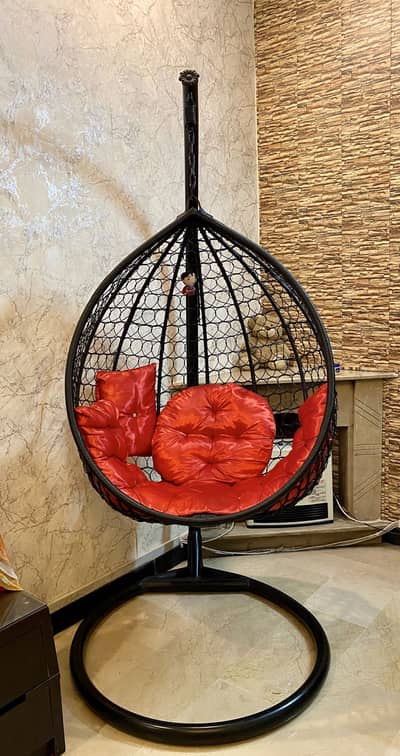 Black Metal Swing Egg Chair – Red Cushions Included - MINT CONDITION