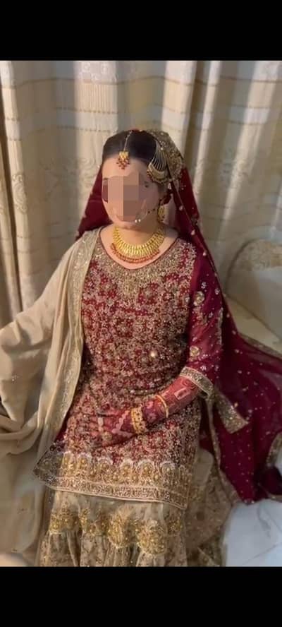 Bridal Heavy Lehnga (Mehroon & Champagne) 2 Dupatta-Worn only 2 hours