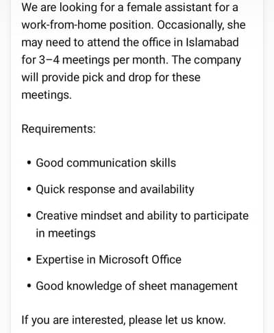 Female Assistant required  (Remote job) for US based company