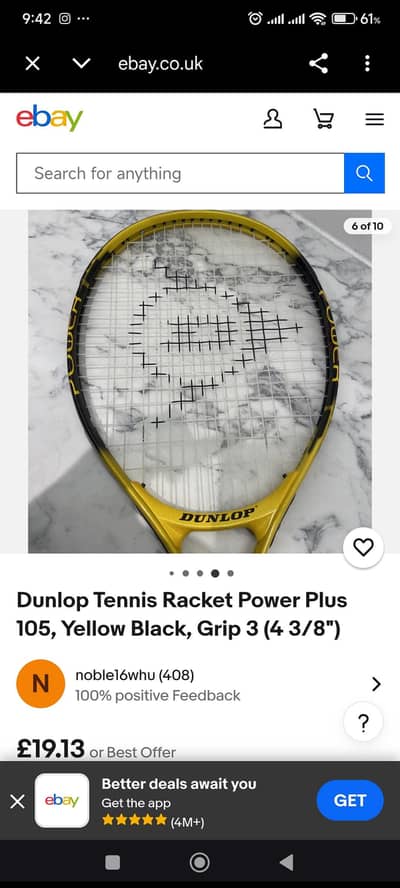 Dunlop Tennis Racket Power Plus 105, Yellow Black, Grip 3 (4 3/8"