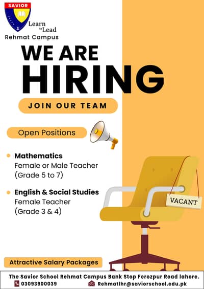 Teachers required in The Savior School Rehmat Campus